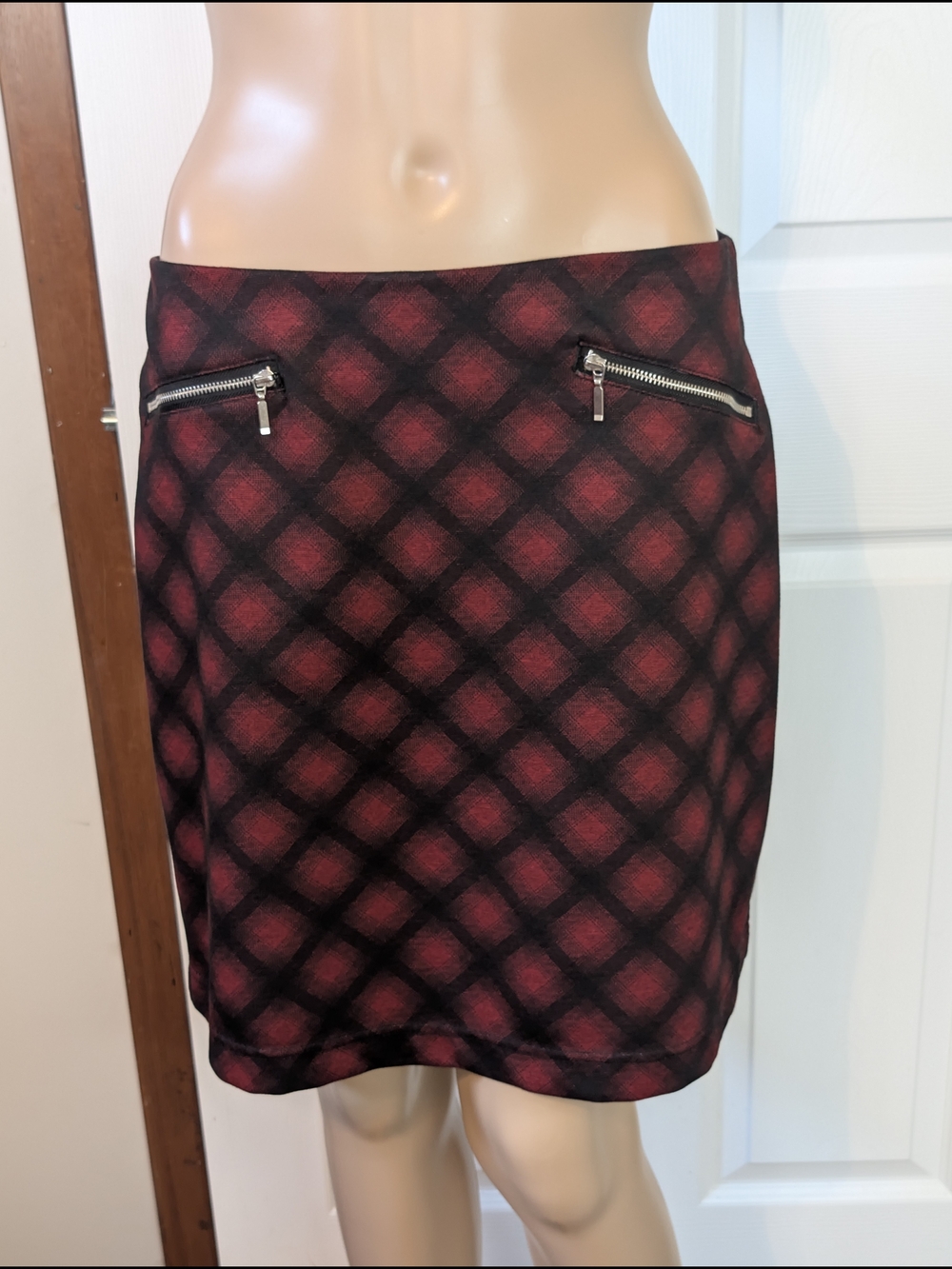 Maurices Red and Black Plaid Pencil Skirt with Front Zips(Faux Pockets)-medium